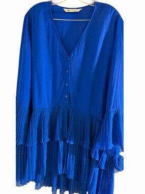 Zara Royal Blue Pleated Tiered V-Neck Dress